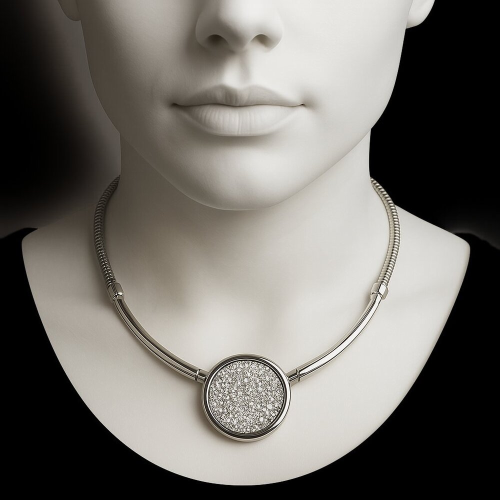 Chico’s Silver Collar Necklace w/ Round Textured Pendant Women Fashion  Jewelry